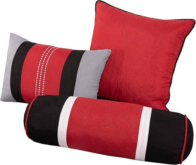 Chezmoi Collection 7-Piece Quilted Patchwork Comforter Set, Red/Gray/Black, King