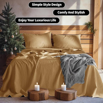 LBRO2M 100% Pure Linen Sheet Set Deep Pocket Up to 16" Bed Sheets Sets, Natural Flax Beddings Soft, Breathable, Comfortable for All Seasons Twin XL Size, Rust