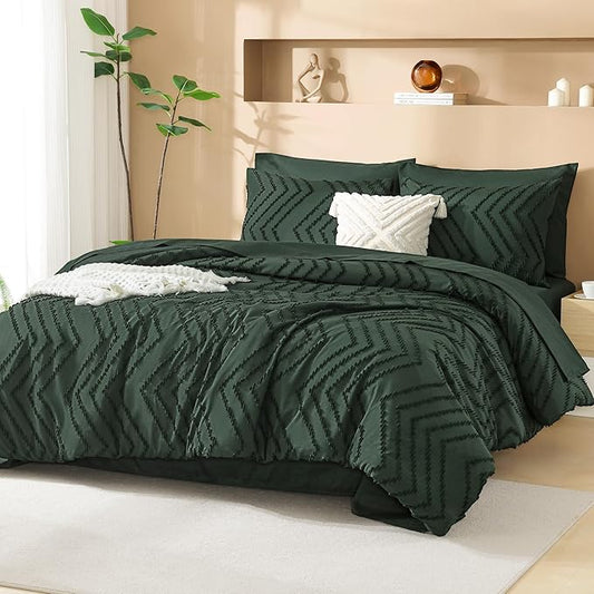Litanika Forest Green King Size Comforter Set with Sheets - 7 Pieces Bed in a Bag King Boho Tufted Complete Bedding Sets with Comforter, Sheets, Pillowcases & Shams