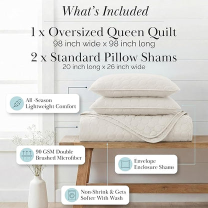 Southshore Fine Living, Inc. Quilted Summer Comforter, Queen Size Bedding Set with 2 Quilted Pillow Shams, Geometric Circle Design Coverlet, Queen/Full Size Bedspread, Lightweight Quilt, Bone