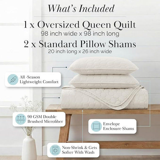 Southshore Fine Living, Inc. Quilted Summer Comforter, Queen Size Bedding Set with 2 Quilted Pillow Shams, Geometric Circle Design Coverlet, Queen/Full Size Bedspread, Lightweight Quilt, Bone