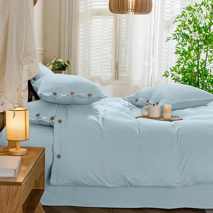 JELLYMONI Cotton Duvet Cover Cal King Size - Light Blue Comforter Cover with Button 100% Washed Cotton 3PCS Breathable Soft Solid Bedding Set Duvet Cover 104×98in & 2 Pillowcases (NO Comforter)