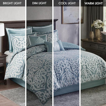 Madison Park Odette Cozy Comforter Set Jacquard Damask Medallion Design - Modern All Season, Down Alternative Bedding, Shams, Decorative Pillows, Queen(90 in x 90 in), Aqua