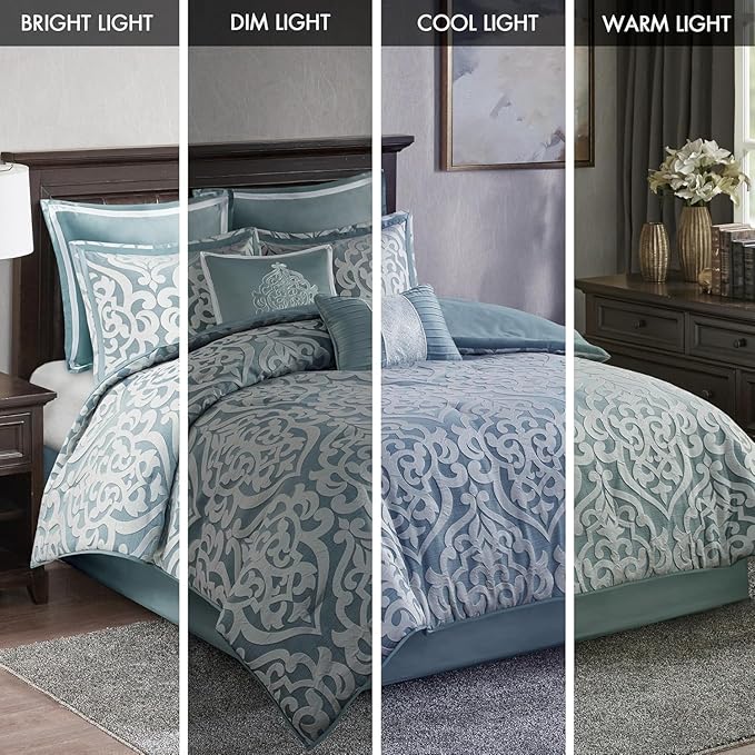 Madison Park Odette Cozy King Size Comforter Set Jacquard Damask Medallion Design - Modern All Season, Down Alternative Bedding, Shams, Decorative Pillows, King(104 in x 92 in), Aqua