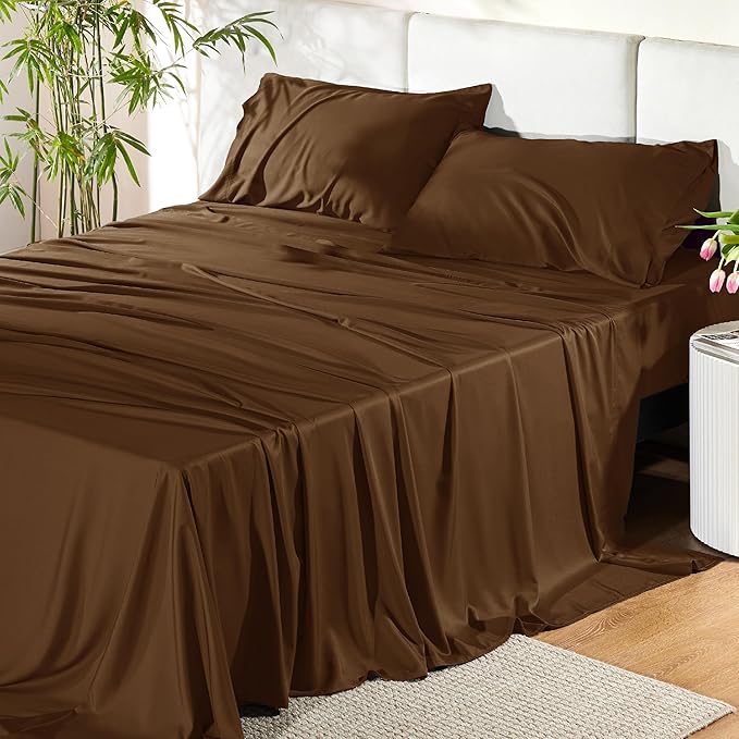 Bedsure King Size Sheets Set, Cooling Sheets for Hot Sleepers, Rayon Derived from Bamboo, PureWoven, Breathable & Soft, Deep Pocket Up to 16 Inches, Hotel Luxury Silky Bedding, Brown