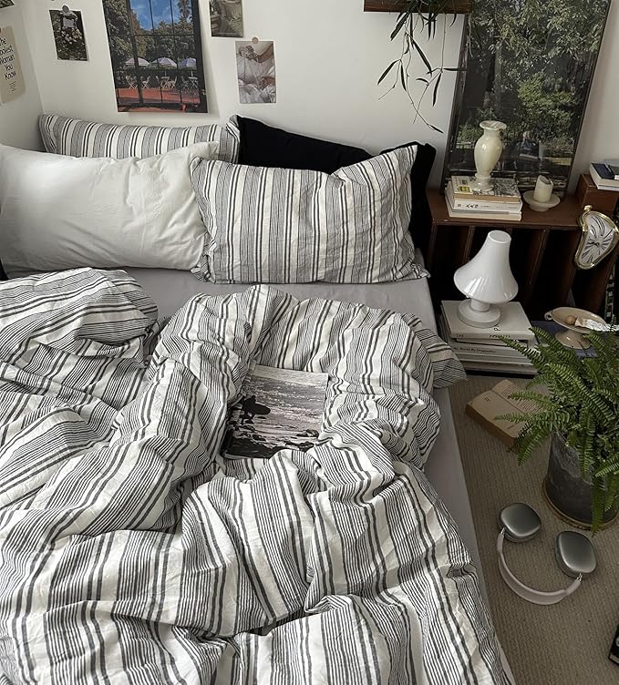 VM VOUGEMARKET Gray White Striped Comforter Set Twin XL Vintage Vertical Stripes Bedding Set Minimalist Neutral Comforter for Teens Dorm Room