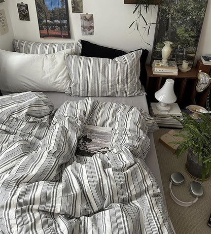 VM VOUGEMARKET Full Comforter Set Vintage Grey White Striped Dorm Bedding with Matching Pillowcases Lightweight Luxury Comforter for Boys Men