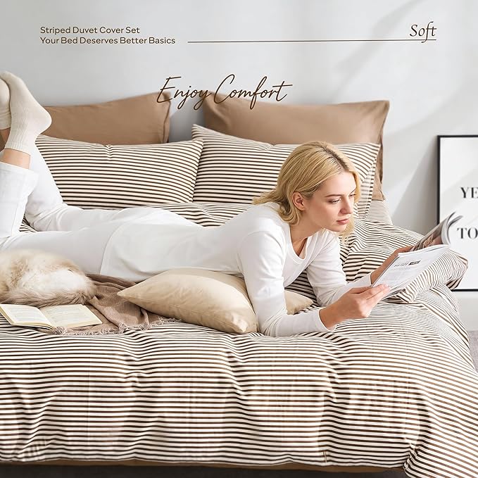JELLYMONI 100% Natural Cotton 3pcs Striped Duvet Cover Sets,White Duvet Cover with Khaki Stripes Pattern Printed Comforter Cover,with Zipper Closure & Corner Ties(Cal King Size)