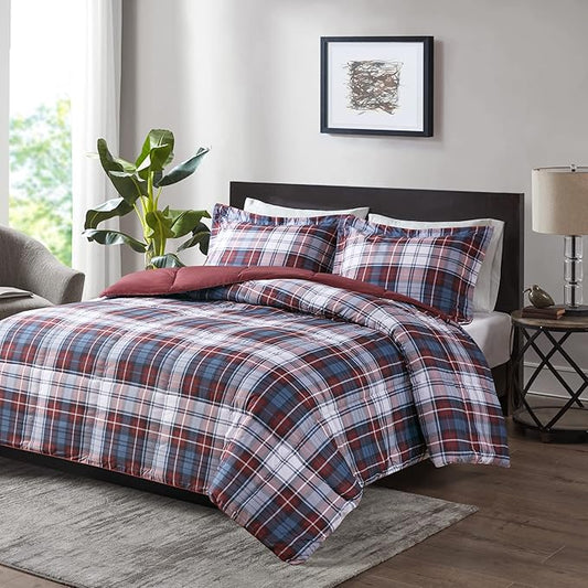 Madison Park Essentials Parkston Plaid Comforter, Matching Sham, 3M Scotchguard Stain Release Cover, Hypoallergenic All Season Bedding-Set, Twin/ Twin XL, Red, 2 Piece