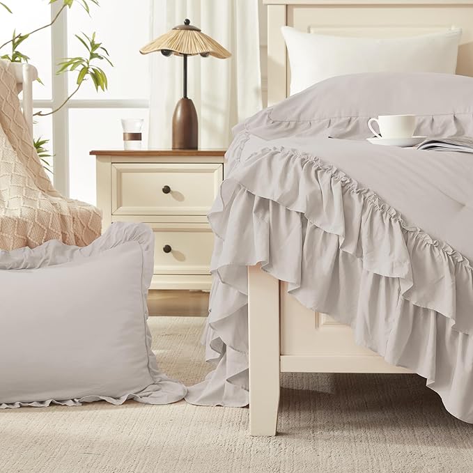 Andency Linen Grey California King Comforter Set (104x96Inch), 3 Pieces Farmhouse Shabby Chic Ruffle Bedding Sets, Lightweight Fluffy Soft All Season Bed Set