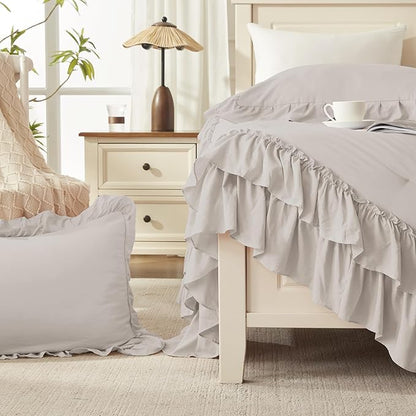 Andency Linen Grey King Comforter Set (104x90Inch), 3 Pieces Ruffle Bedding Set with 2 Pillowcases, Farmhouse Shabby Chic Lightweight Fluffy Soft All Season Bed Set