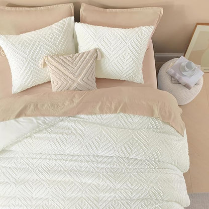 Litanika Ivory Queen Comforter Set, 3 Pieces Tufted Boho Farmhouse Bedding Comforter Sets, Lightweight Fluffy Comforter Bed Set for All Season (90x90In Comforter and 2 Pillowcases)