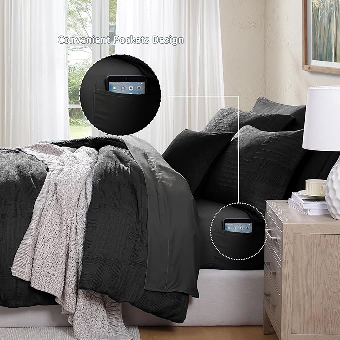 MaiRêve Queen Comforter Set Black, Textured Design Crinkle Bedding Sets 7 Pieces, All Season Bed in A Bag with Comforter, Sheets, Pillowcases & Shams