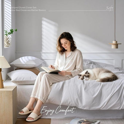 JELLYMONI Striped Duvet Cover Set - King Size Comforter Cover, Classic Sateen Stripes, 100% Cotton 3 Pcs Bedding with Zipper Closure & 8 Corner Ties for Master or Guest Bedroom