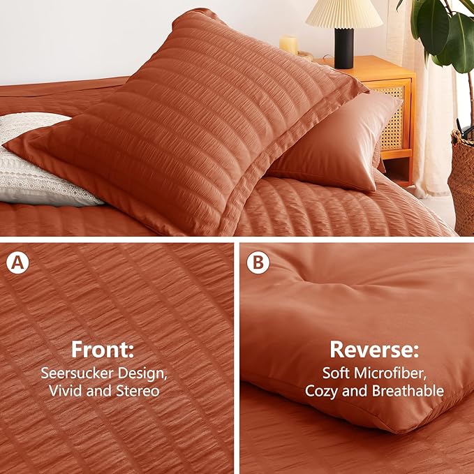 CozyLux King Size Comforter Set Burnt Orange Seersucker 7 Pieces Bed in a Bag King Comforter Set with Sheets, Terracotta Luxury Bedding Set with Down Alternative Comforter, Sheets, Pillowcases & Shams