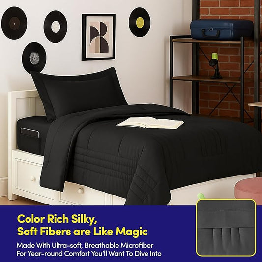 Dorm Room Essentials Twin XL Comforter Set Bedding – College-Ready Bundle with Comforter, Mattress Protector & Sheets with Pockets on the Side & Built-in Corner Strap – Media Pocket for Device