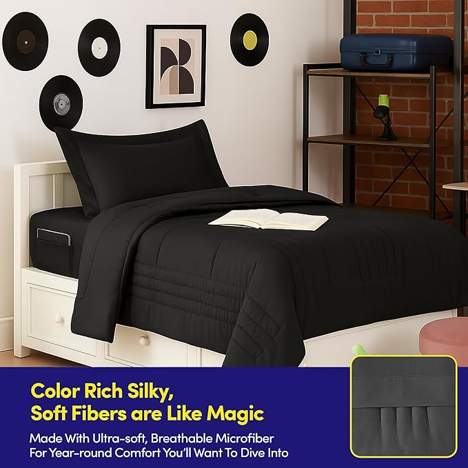Twin Size Comforter Set Quilted Stripe Bedding Bundle – Comforter, Mattress Protector, Sheets with Pockets on the Side & Built-in Corner Strap – Fitted Sheet Media Pocket for Devices, Black