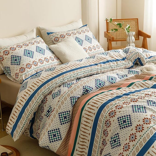 KAREVER Boho Comforter Cal King Aztec Bedding Set Southwest Theme 3 PCs Bohemian Comforter Set Blue White California King Size Comforter (104x96 Inches) with 2 Pillowcases (26x36 inches)