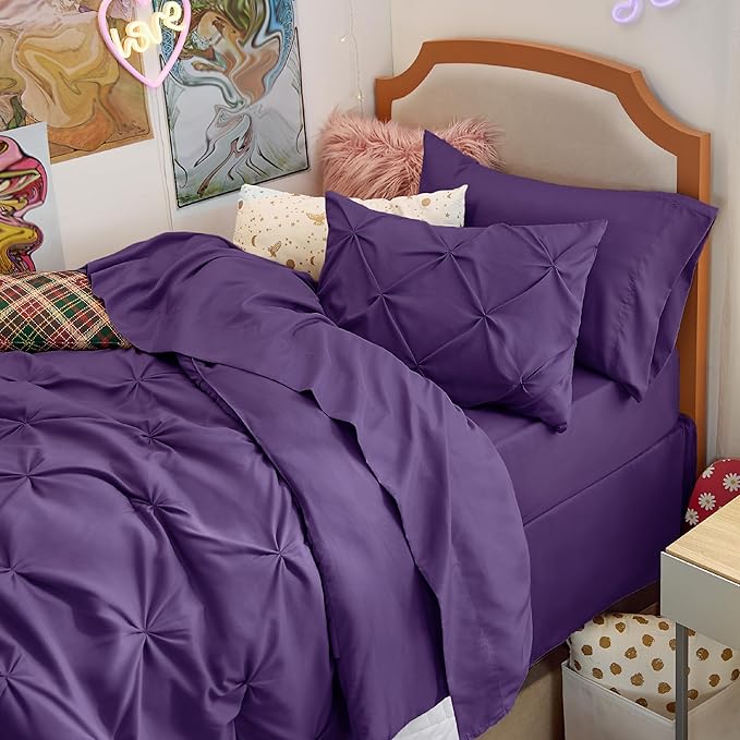Bedsure Twin XL Comforter Set - Extra Long 5 Pieces Dorm Bedding Sets, GentleSoft™ Pinch Pleat Purple Bed in a Bag with Pintuck Comforter, Sheets, Pillowcase & Sham