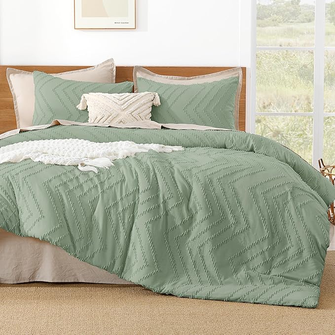 Litanika Sage Green Comforter Set Twin/Twin XL Size, 2 Pieces Boho Chevron Tufted Bedding Comforter Set, All Season Bed Set (66x90In Comforter and 1 Pillow Sham)