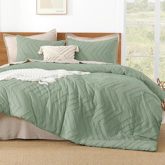 Litanika Sage Green Comforter Set Twin/Twin XL Size, 2 Pieces Boho Chevron Tufted Bedding Comforter Set, All Season Bed Set (66x90In Comforter and 1 Pillow Sham)