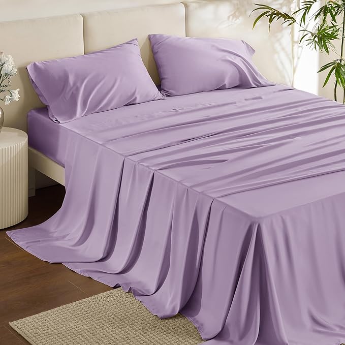 Bedsure Full Size Bed Sheets, Cooling Sheets, Rayon Derived from Bamboo, PureWoven, Breathable & Soft, Deep Pocket Up to 16 Inches, Hotel Luxury Silky Bedding for Hot Sleepers, Lilac