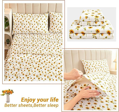 Softan Floral Sheet Set Full, Sunflower Printed Bed Sheets Double, Brushed Microfiber Fitted Sheet with 15" Deep Pocket & Non-Slip Straps, Yellow Flower Pattern Sheet & Pillowcase Sets