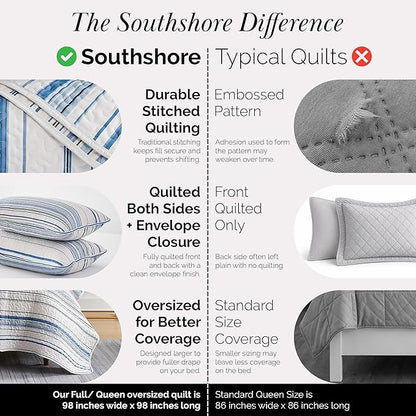 Southshore Fine Living, Inc. Oversized Queen Quilt Set, Striped Blue/White Quilt Bedspread Queen/Full, 3-Piece Coastal Bedding Set with Lightweight Coverlet and Matching Quilted Shams, Blue Stripes
