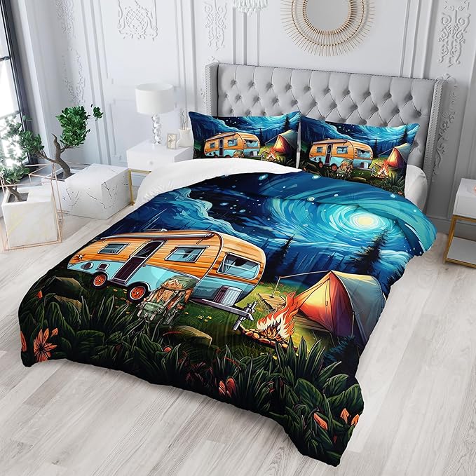 Short Full Quilt Bedding Set for RV Camper - Camping Theme Comforter Set, Vintage Rustic Farmhouse Boho Travel-Inspired Design