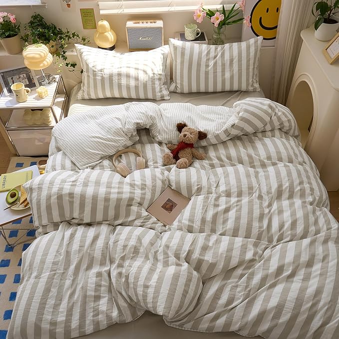 Brown Striped Twin Duvet Cover Set Boho Pattern Twin Comforter Cover Lightweight Stripe Dorm Room Farmhouse Duvet Cover with 2 Pillowcases Teen Boy Bedding Set Washed Microfiber Duvet Protector