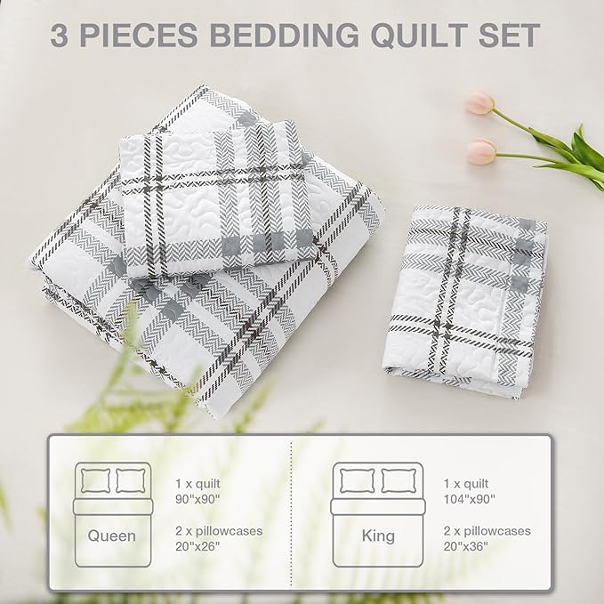 Plaid Quilt Set King Size - Ultra Soft Gingham Quilts Bedding Set with 2 Pillow Shams, Lightweight Reversible Striped Quilted Bedspread Coverlet 3 Pieces for Summer, 104"×90", Grey White