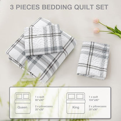 Plaid Quilt Set King Size - Ultra Soft Gingham Quilts Bedding Set with 2 Pillow Shams, Lightweight Reversible Striped Quilted Bedspread Coverlet 3 Pieces for Summer, 104"×90", Grey White