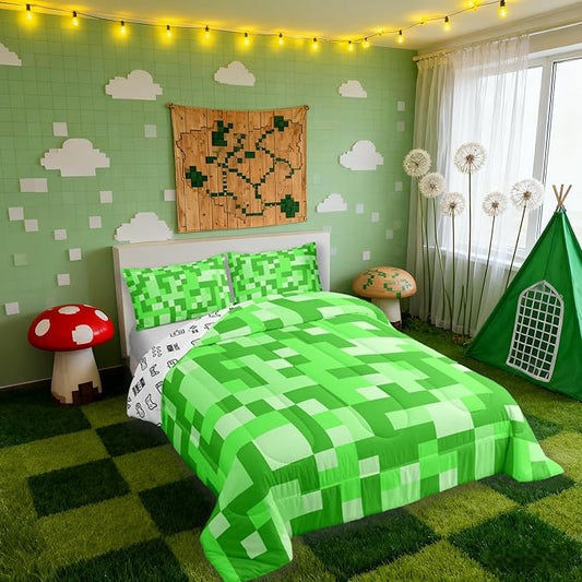 Pixelated Miners Game Kids Bedding Set King Size,Video Games Gamepad Gaming Comforter Set,Geometric Square Quilt Comforter,Light Green Bedroom Duvet Insert,2 Pillowcases