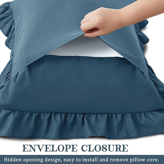 KKJIAF Ruffle Pillow Cases Standard Size Set of 2, Ruffled Pillow Covers with Envelope Closure, Wrinkle Resistant Ruffled Pillow Shams 20" x 26", Dark Blue