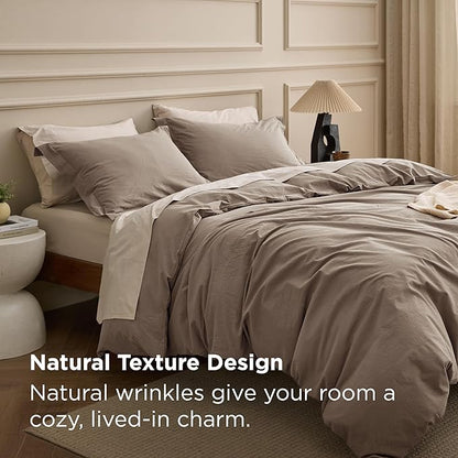 Bedsure 100% Washed Cotton Duvet Cover Cal King - Light Brown Minimalist Bedding Set Linen Like - PureWoven Plain Simple & Soft Comforter Cover for All Seasons (Light Brown, California King, 104"x98")