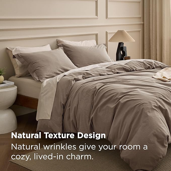 Bedsure 100% Washed Cotton Duvet Cover Oversized Queen - Light Brown Minimalist Bedding Set Linen Like - PureWoven Plain Simple & Soft Comforter Cover 3-Piece (Light Brown, Oversized Queen, 98"x98")