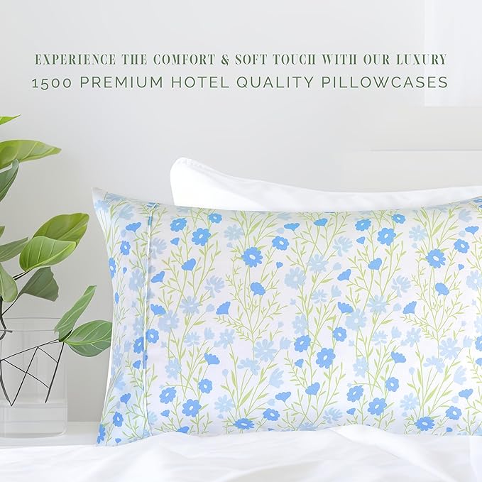 Elegant Comfort Ultra Soft Set of 2 Floral Print Pillowcases - 1500 Premium Hotel Quality Microfiber, Soft and Smooth Envelope Closure 2-Piece Pillow Covers - Standard/Queen, Blue Laurel