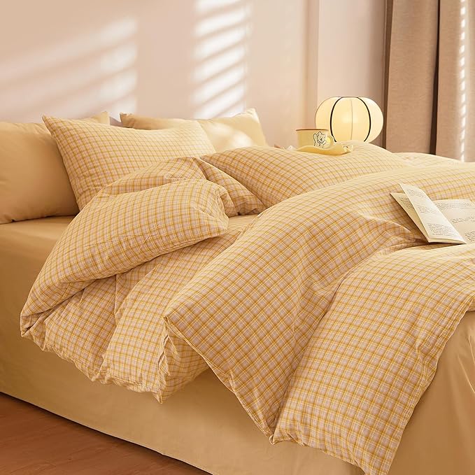 EAVD Vintage Style Yellow Gingham Comforter Set Full Soft 100% Washed Cotton Chic Grid Checkered Plaid Bedding Set with 2 Pillowcases Reversible Farmhouse Gingham Bedding Set for All-Season