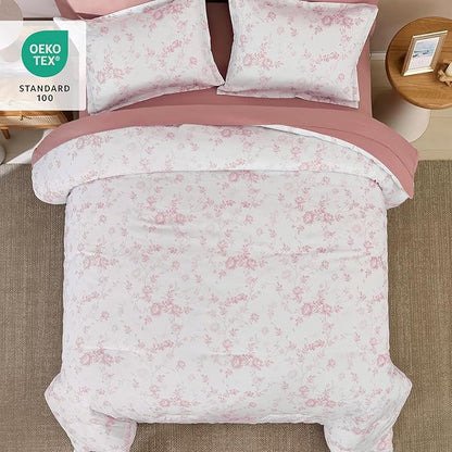 Luxudecor Floral Queen Comforter Set 7 Pieces Bed in a Bag, Blush Pink Rose Romantic Flower Bed Set, Soft Reversible Comforter with Sheet Set 90"x90"