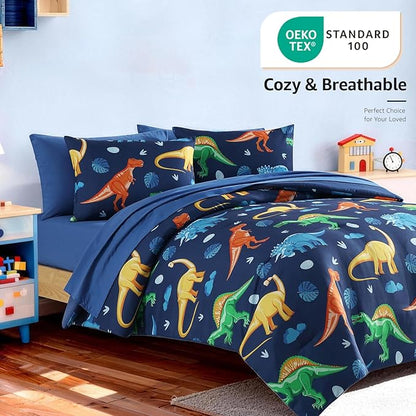 Twin Comforter Set for Boys-5 Pieces Navy Dinosaur Twin Bedding Sets for Kids, Ultra Soft Bed in A Bag with Sheets