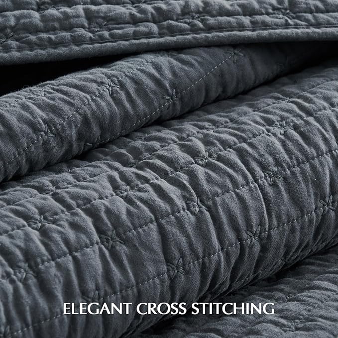 EVERGRACE Cross Stitch Pre-Washed Cotton Quilt Bedding Set Queen Size, Oversized 3 Pieces Lightweight Bedspread Coverlet for All Season, with 2 Matching Shams, Midnight Blue, 92"x96"