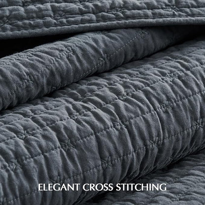 EVERGRACE Cross Stitch Pre-Washed Cotton Quilt Bedding Set Queen Size, Oversized 3 Pieces Lightweight Bedspread Coverlet for All Season, with 2 Matching Shams, Midnight Blue, 92"x96"