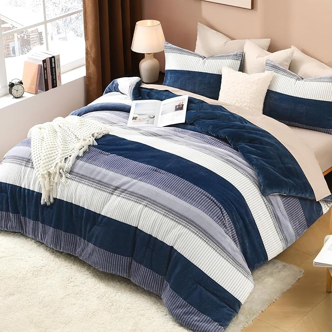 Litanika Fluffy Fleece Full Size Comforter Set, Luxury Soft Plush Fuzzy Mineral Blue Stripe Bedding Comforter Sets, Warm Shaggy Faux Fur Bed Set All Season (1 Comforter, 2 Pillowcases)