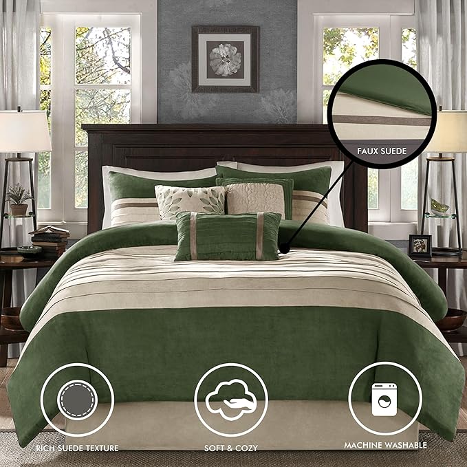 Madison Park Cozy Comforter Set-Luxury Faux Suede Design, Striped Accent, All Season Down Alternative Bedding, Matching Shams, Decorative Pillow, Green, California King (104 in x 92 in)