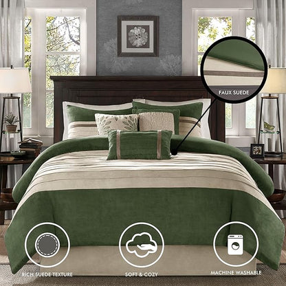 Madison Park Palmer Comforter Set-Luxury Faux Suede Design, Striped Accent, All Season Down Alternative Bedding, Matching Shams, Decorative Pillow, Bed Skirt, Queen (90 in x 90 in), Green 7 Piece