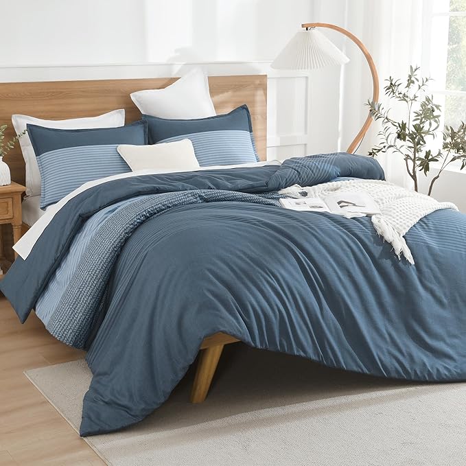 Litanika Haze Blue Comforter Set Oversized King - 3 Pieces Lightweight Dark Grey Colorblock Stripe Fluffy Bedding Comforter Sets, All Season Bed Set