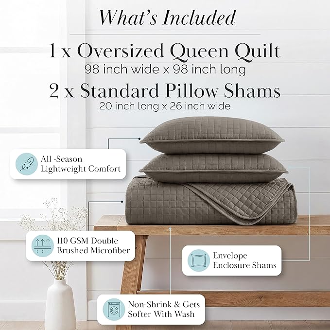 Southshore Fine Living, Inc. Quilts Full Size, Queen Size Quilt Bedding Set, Pet Hair Resistant Bedding Coverlet Queen Size, Full Size Bedspread w/ 2 Pillow Shams, Quilted Comforter, Dark Taupe Quilts