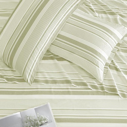 ClevaHome Classic Stripe Sheet Set - 4 Pieces Super Soft & Breathable Bed Sheet Set with Deep Pocket, Enhanced Comfort & Easy Care (Queen, Sage Stripe)