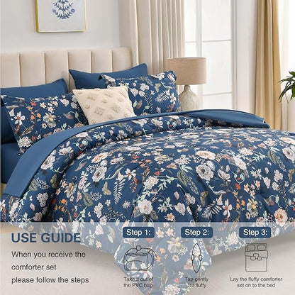 7 Piece Queen Comforter Set, Peacock Blue Butterfly Floral Comforter Set with Flowers Leaves Pattern, Soft Microfiber Complete Bedding Set for All Season(Peacock Blue, Queen)