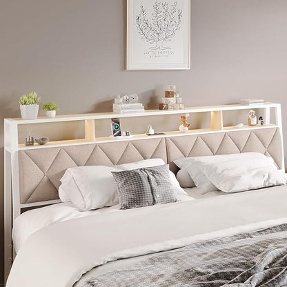Full Headboard Only, Headboard for Full Size Bed with Storage, Upholstered Headboards with LED Lights & Charging Station, Attach Frame, Ideal for Bedroom/Dorm/Guest Room, White & Beige